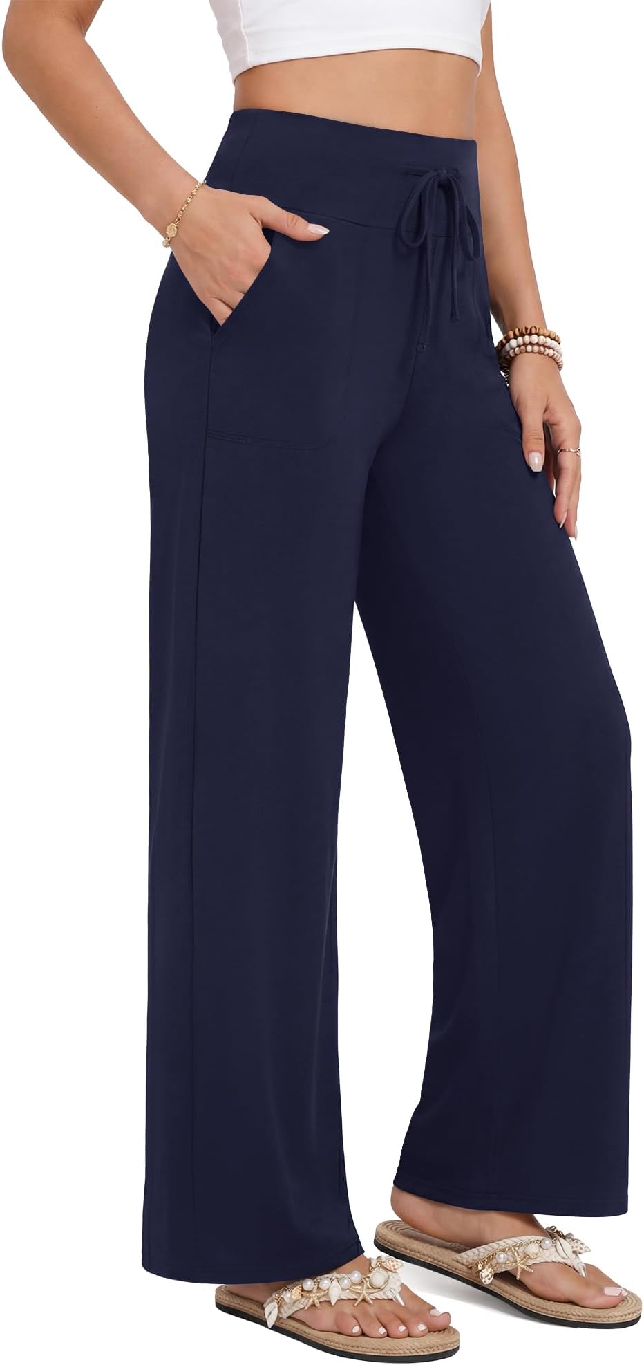 ZOOSIXX Capri Pants for Women - Wide Leg Loose Casual Trousers with Pockets Summer High Waisted Drawstring Pants