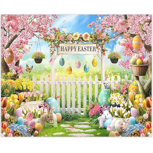 ZTHMOE 10x8ft Happy Easter Photography Backdrop Spring Garden Banner