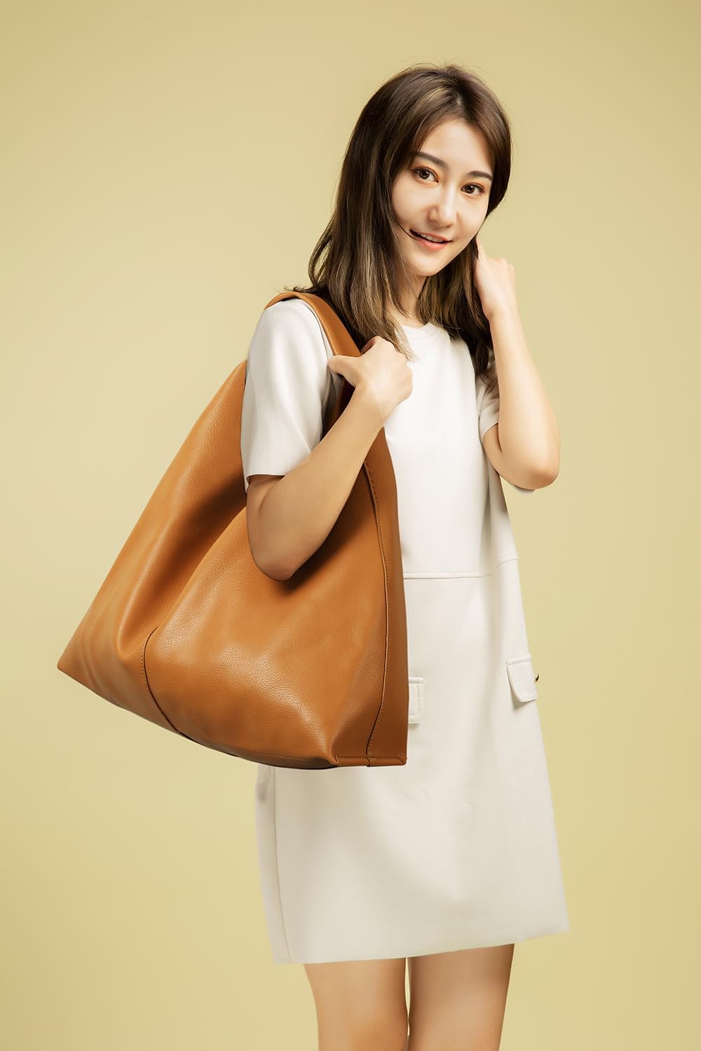 Leather Tote Bag, Oversized Hobo Bags, Large Tote Bag for Women Work, Vegan Leather Handbags Travel, Designer Leather Tote Handbag, Light Brown - Image 6