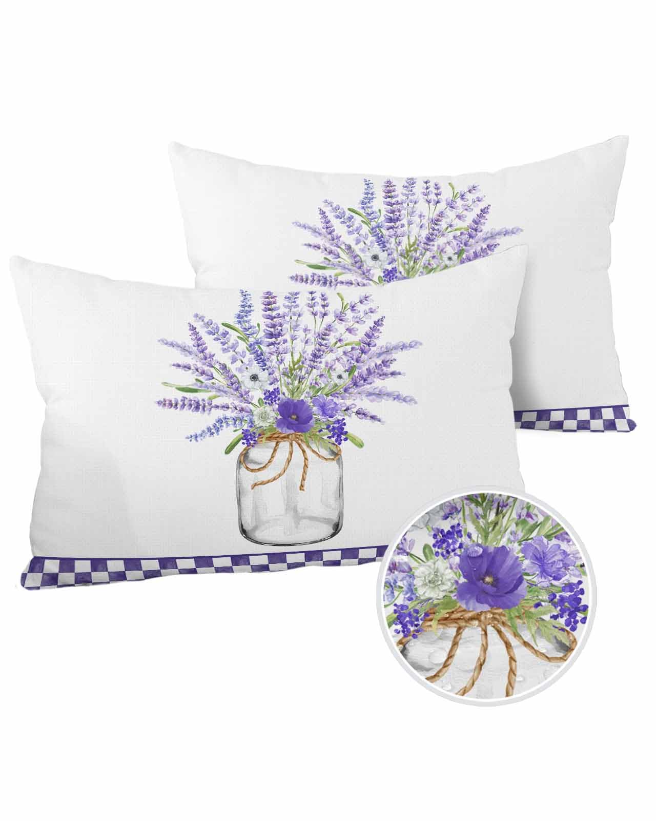 Boanket Lumbar Pillow Covers 12 x 20 Inches, Purple Spring Floral Waterproof Throw Pillow Cover Set of 2, Lavender Botanical Plaid Home Decorative Rectangle Cushion Covers for Patio/Tent/Couch/Garden