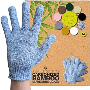 Temple Spring Exfoliating Glove, Carbonized Rayon Bamboo Body Scrubber, Loofah Exfoliating Mitt, Shower Scrubber Wash Cloth, Body Exfoliator Scrub, Loofa Shower Gloves Bath Sponge -Cornflower Blue