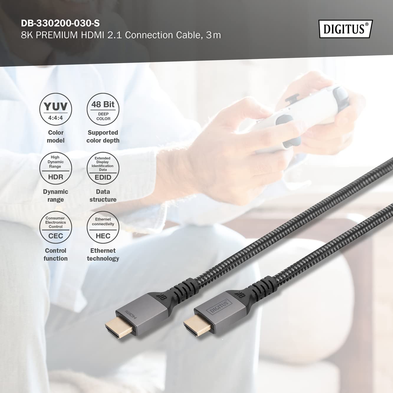 Digitus HDMI 2.1 cable, UHD-II, 3m, 8k/60Hz, 4k/120Hz, braided cable, compatible with PS5, Xbox Series, TV/projector - Image 4