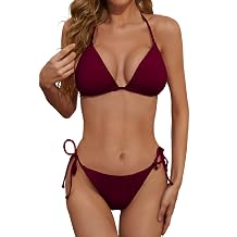 Zuvebamyo Women Sexy Ribbed Halter Triangle String Bikini Set | Tie Back Top, Removable Padded, Tie Side Low Rise Bottom, Textured Bathing Suit, Two Piece Cheeky Swimsuit For Beach Vacation