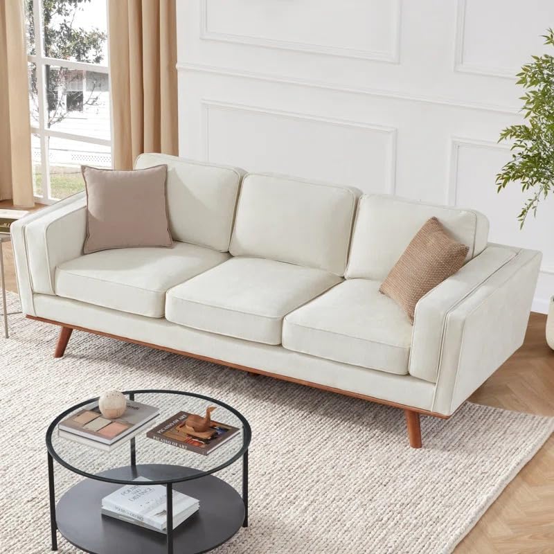Image of LEGACY OF COMFORT Camariah 87.76'' 3 Seater Sofa Three Seater Sofa with Wooden Base for Living Room Guest Room Hotels Office (Ivory)