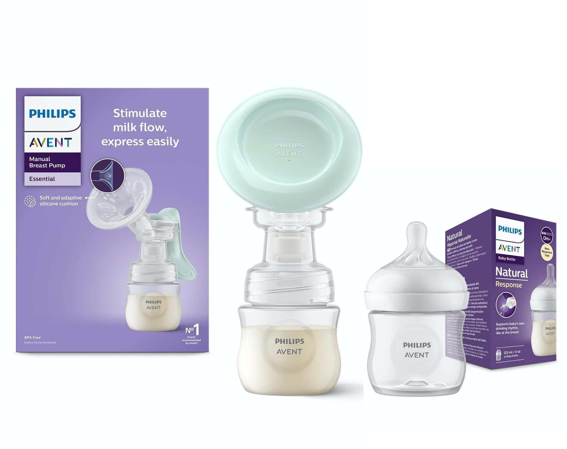 Philips Avent Comfort Manual Breast pump, Natural Motion technology, combines suction and nipple stimulation, soft cushion adapts to all size + 125ml Natural Feeding Bottle Combo(SCF430/01+SCY900/01) by Fratelli
