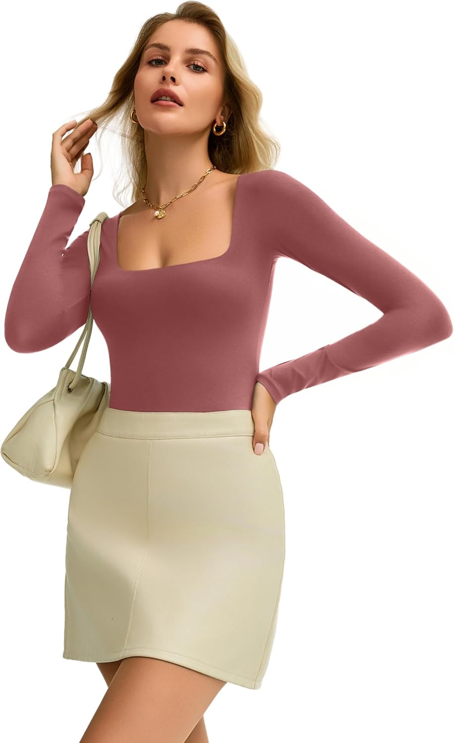 Avidlove Women's Long Sleeve Bodysuit Double Lined Square Neck Body Suit Tops Snap Closure Soft - Image 4