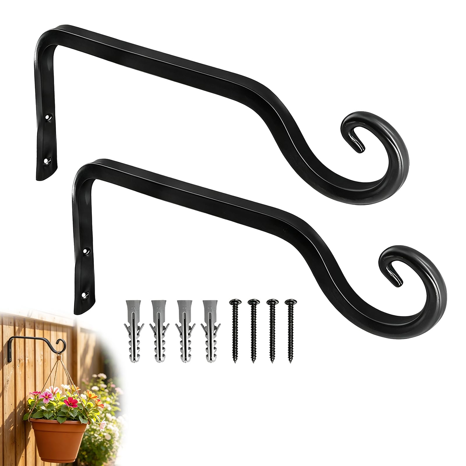 2Pcs Hanging Basket Bracket, 10.2inch Black Wall Hook for Planters