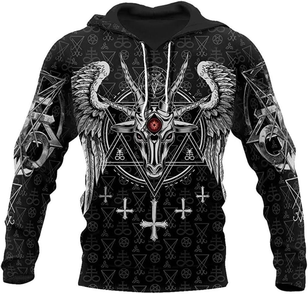 LLJ&YTViking 3D Novelty Hoodie Odin Tattoo Nordic Mythology Long Sleeve Sweatshirt Viking Gift Clothes Beard Sweatshirt,Cross sheep,L