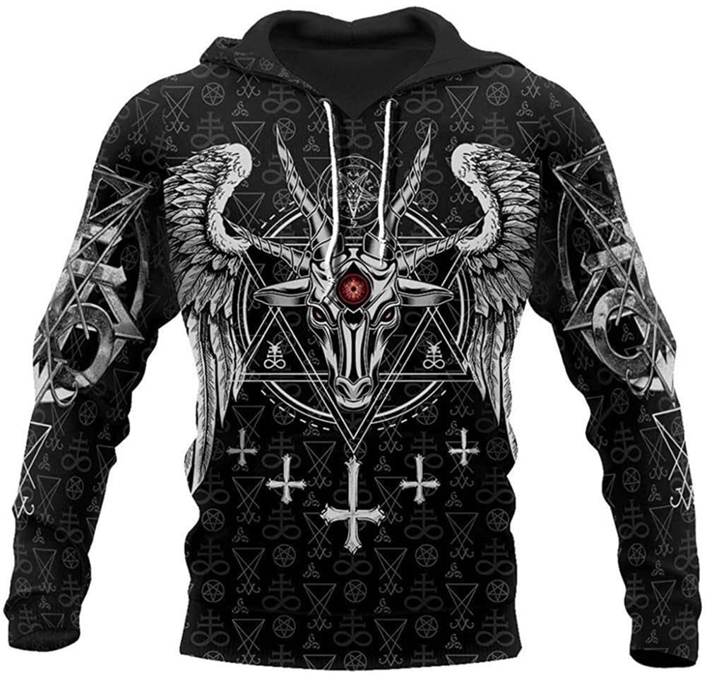 LLJ&YTViking 3D Novelty Hoodie Odin Tattoo Nordic Mythology Long Sleeve Sweatshirt Viking Gift Clothes Beard Sweatshirt,Cross sheep,L