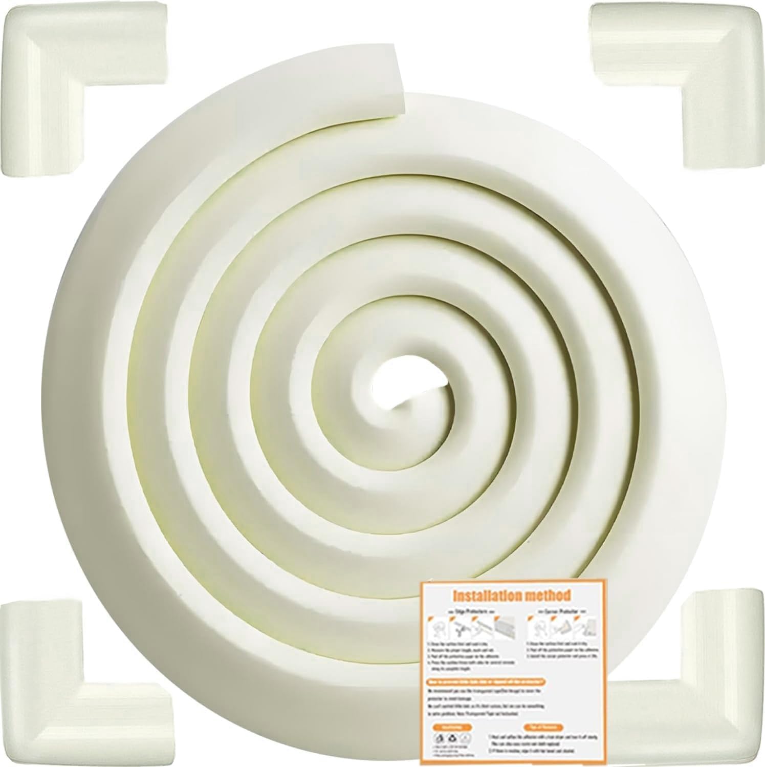 Safety Baby Edge Corner Guards Protector Set, Baby Proofing 3M/10ft Edges Protector + 4 Corner Guards for Kids Foam, Furniture and Tables Child Bumpers, Pre-Taped for Direct Use White