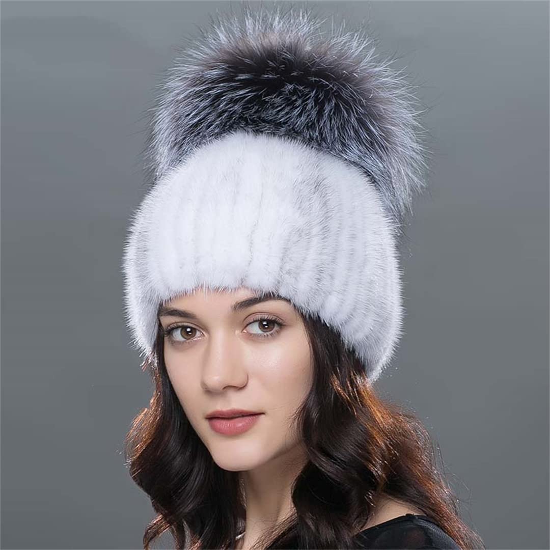 KMMBBTY Sombreros de Invierno de Piel de visón para Mujer con Gorro de Punto con Pompones, Gorro Femenino de elásticos cálidos a la Moda