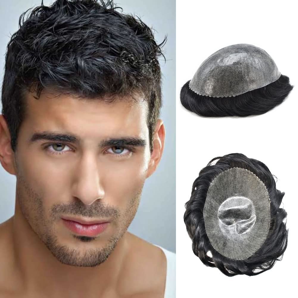 Thin Skin Toupee For Men - 0.12mm Injected Poly Skin - 100% European Human Hair - 8''x10'' Scallop Front - Natural Hairline - US Stock. (Medium Light to Medium Density, Off Black)