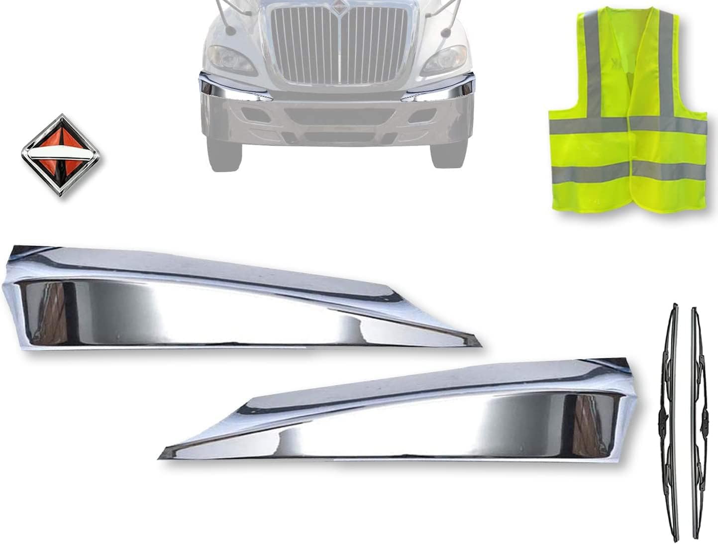 Kozak Compatible with International Prostar Bumper Corner Right and Left (Passenger and Driver Side) Plastic Chrome Plus Logo Emblem, 2x22 Windshield Wipers and KOZAK Reflective Vest