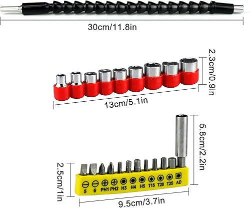 Miniatura 8 de Guyuyii Juego de 23 extensiones de broca flexible, eje hexagonal magnético de 14 pulgadas para espacios reducidos, tareas de perforación, ideal para
