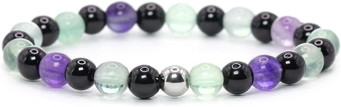 Anti-Elektrosmog-Energiearmband aus schwarzem Turmalin und Regenbogenfluorit - 6mm Perlen - verschiedene Längen - Talisman Glücksbringer Geschenk (TU-RE, 22CM)