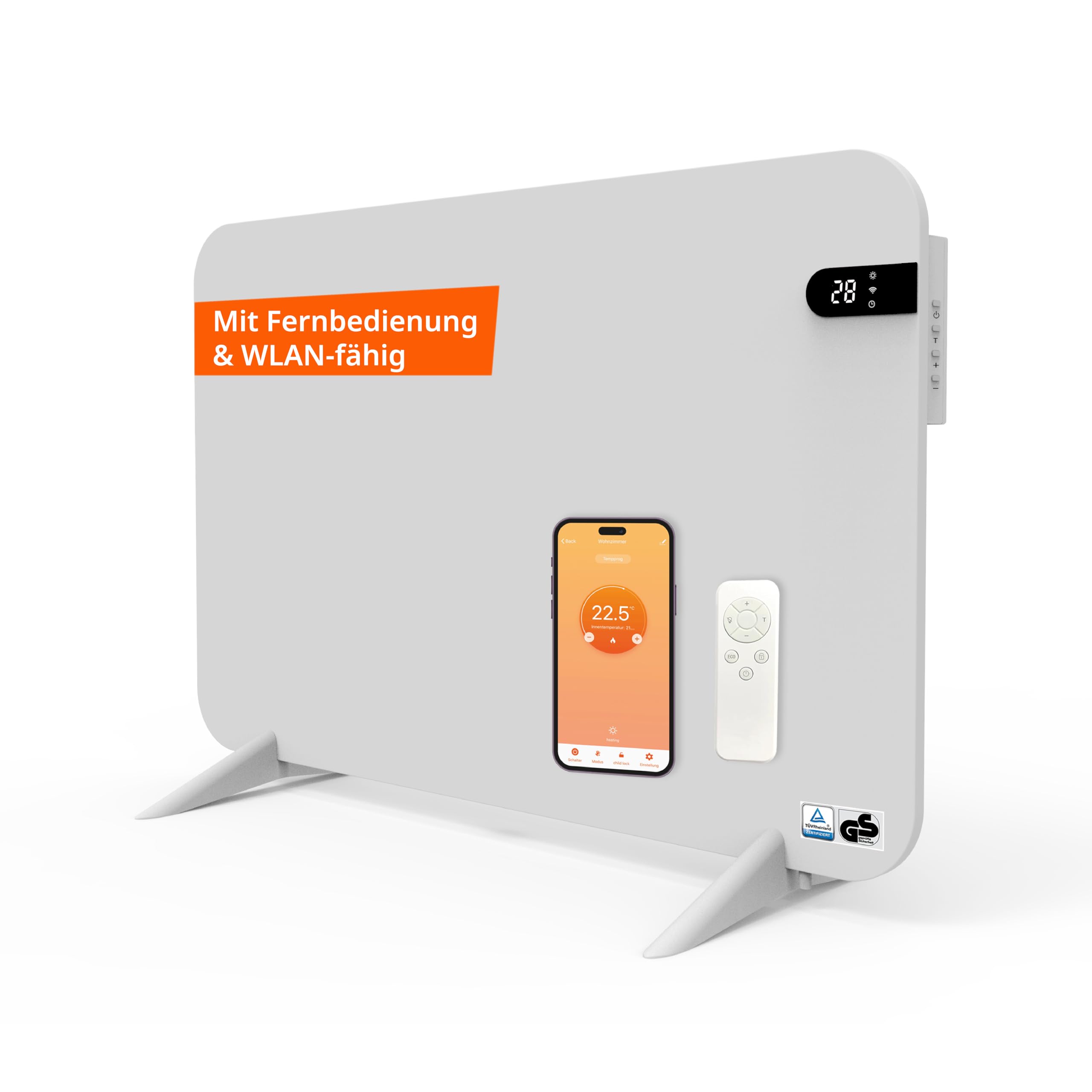 Könighaus 450W Smart Dual-Infrarotheizung V2 Standgerät Wandmontage WLAN App-Steuerung Fernbedienung Weiß