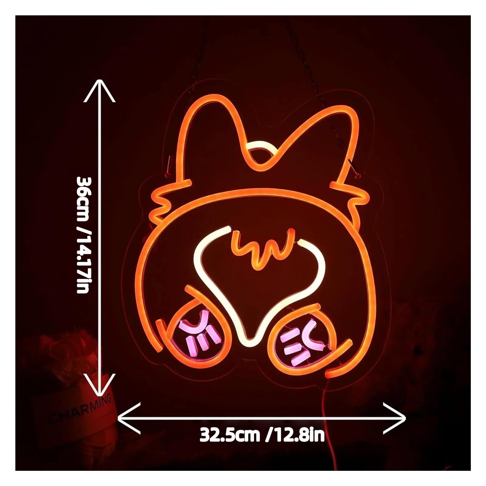 Wiszące neony artystyczne Corgi Butt Neon Śliczne Zwierzęce Światło LED Możliwość Przyciemniania Do Sypialni Wystrój Pokoju Dziecięcego Lampka Nocna Urocze Oświetlenie 36cmx32.5cm