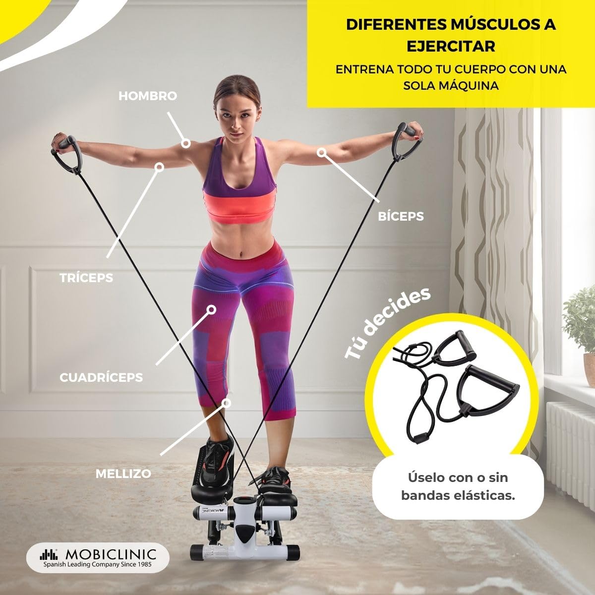 Mobiclinic® Fitness, Stepper, 2 en 1, Cuerdas de Resistencia, Multifunción, Brazos y piernas, Pantalla LCD, Carga 100 kg, Compacto, Gym casa, Altura Ajustable