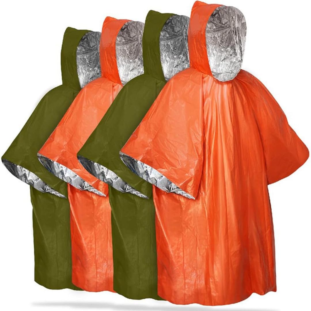 Poncho térmico de supervivencia de emergencia con capucha - Capa portátil para acampar y hacer senderismo, impermeable caliente