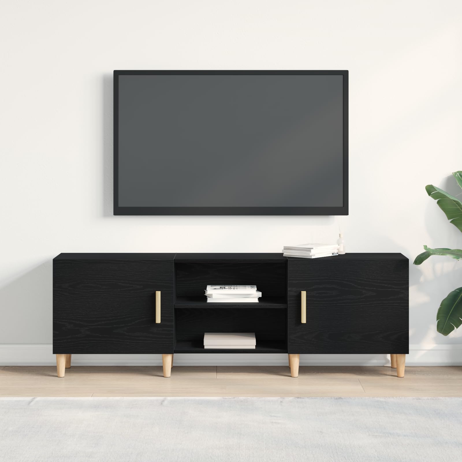 Mueble para TV de aspecto de roble negro, 150 x 30 x 50 cm, con espacio de almacenamiento, estantes y puertas con bisagras para sala de estar, cine en casa, juegos y almacenamiento multimedia