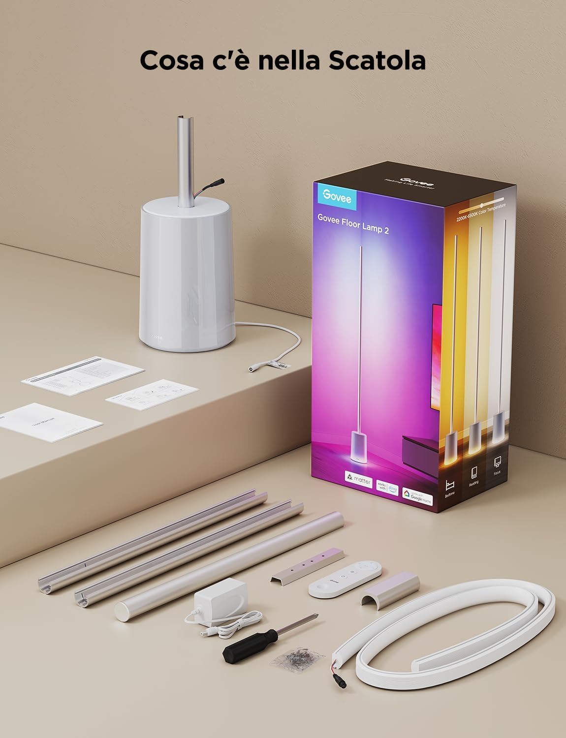 Govee Lampada da Terra RGBIC, Luci LED Compatibile con Alexa e Matter, 152cm Luci Dimmerabile con Telecomando e APP, Sinc Musica, 82 Modalità Scena, Lamp Comodino, Camera da Letto e Salotto, Grigio