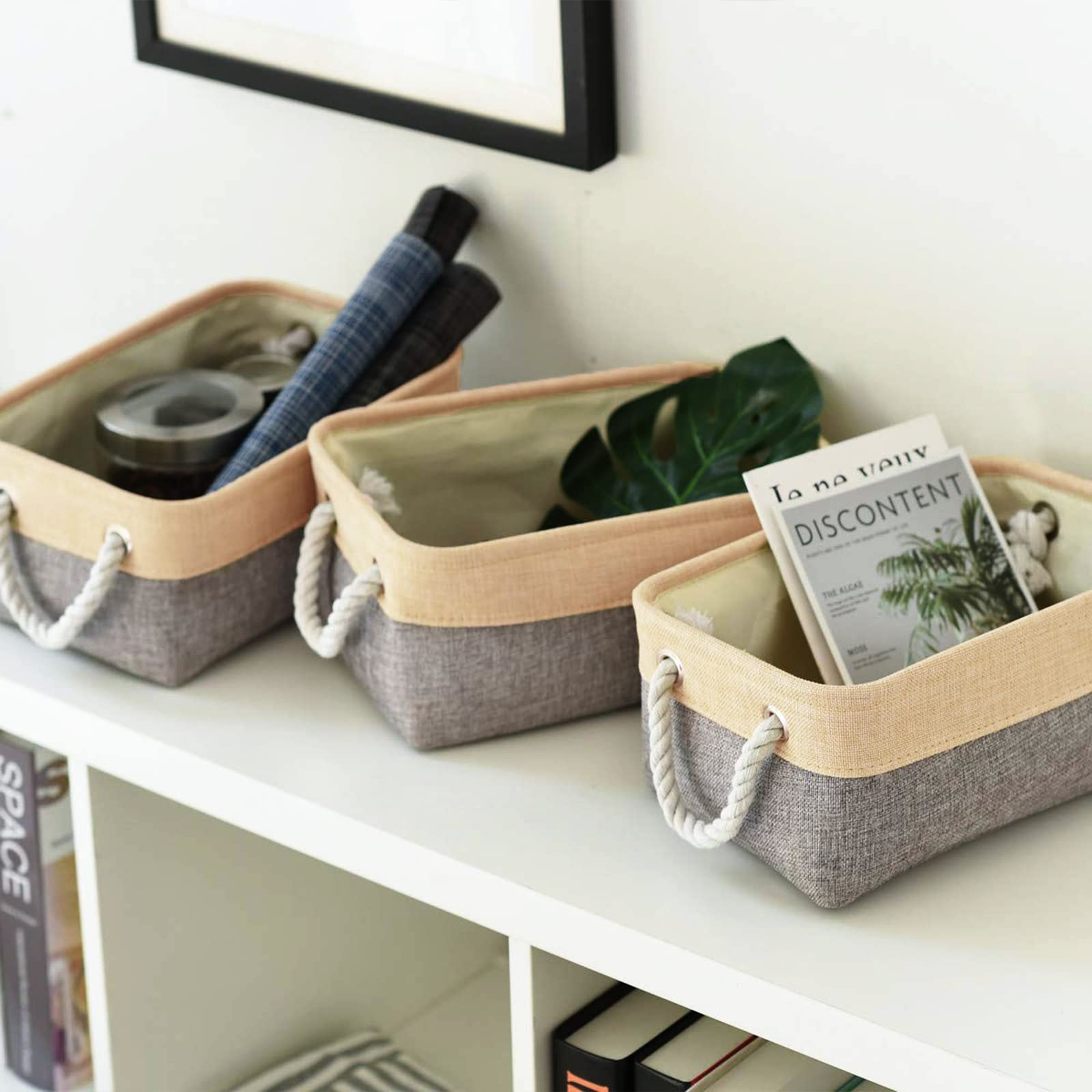 TheWarmHome - Cestas de almacenamiento resistentes, ideales para organizar estantes o armarios, plegables y decorativas, tamaño mediano, 35 x 25 x 17 cm, paquete de 3 unidades, dorado y gris