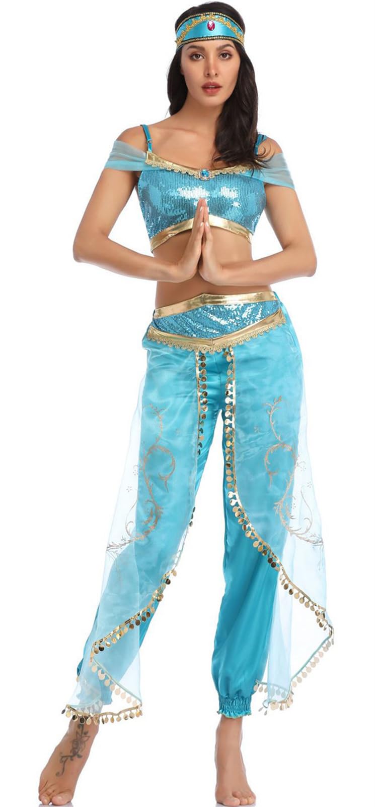 Foanja Jasmine Disfraz con Diadema Mujer Árabe Princesa Jasmine Danza Lentejuela Top y Pantalone Dress Up Halloween Carnaval Cumpleaños Fiesta Costume