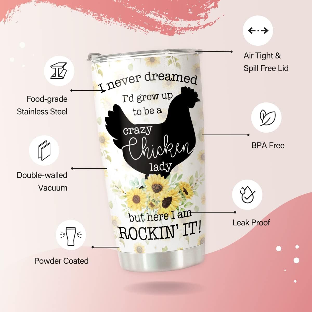 Crazy Chicken Lady Gifts - Stainless Steel Chicken Sunflower Tumbler Cup 20oz for Chicken Owners - Chicken Travel Mug for Mom Women Wife - Birthday Gifts for Chicken Lovers - Image 4