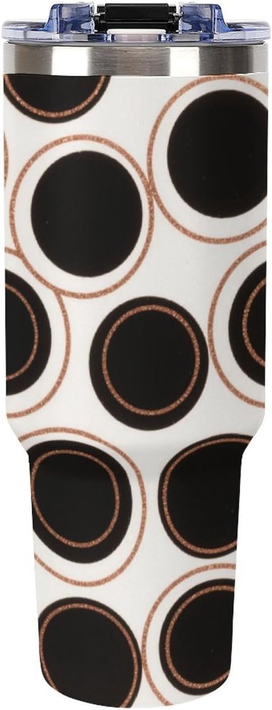 40 Oz Insulated Mug with Handle Lid And Straw Retro Copper-colored Circles Pattern Large Metal Sports Bottle Great for Gifts Parties Office Coffee