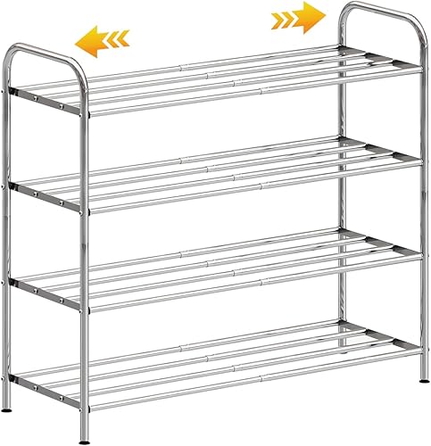 Zapatero expandible de 4 niveles, ancho ajustable y 100% acero inoxidable, 4 varillas por nivel, patas ajustables, estante de metal multifuncional
