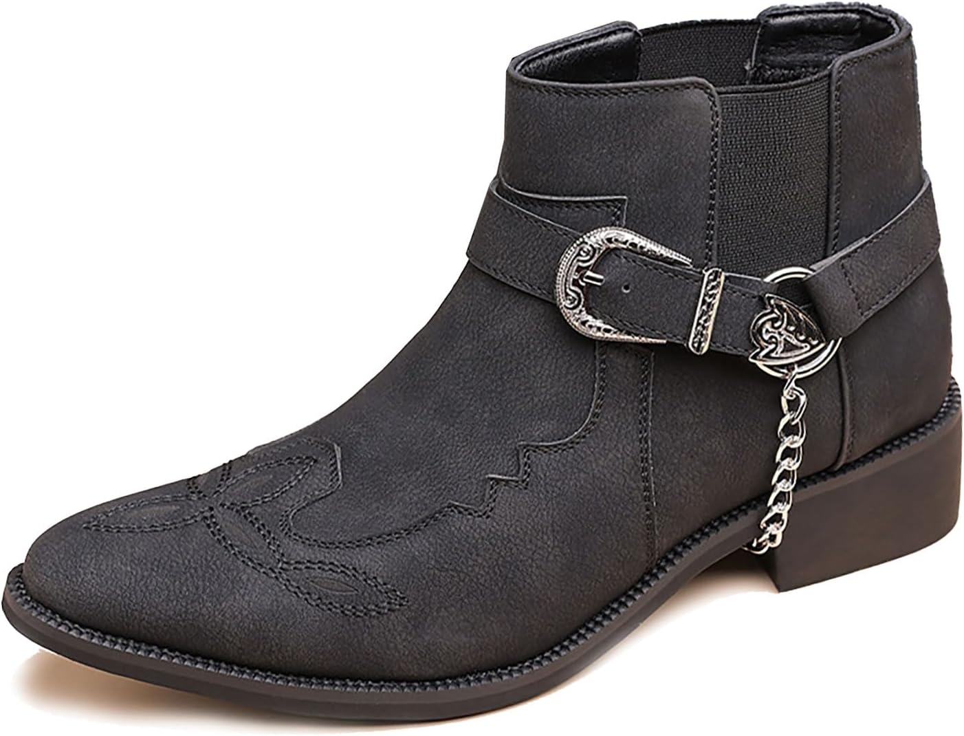 Men'S Hand Embroidery CowBoys Chelsea Boots with Chain Buckle Classic Elastic Band Slip-On Chunky Heel Non-Slip Western Motorcycle Ankle Boots