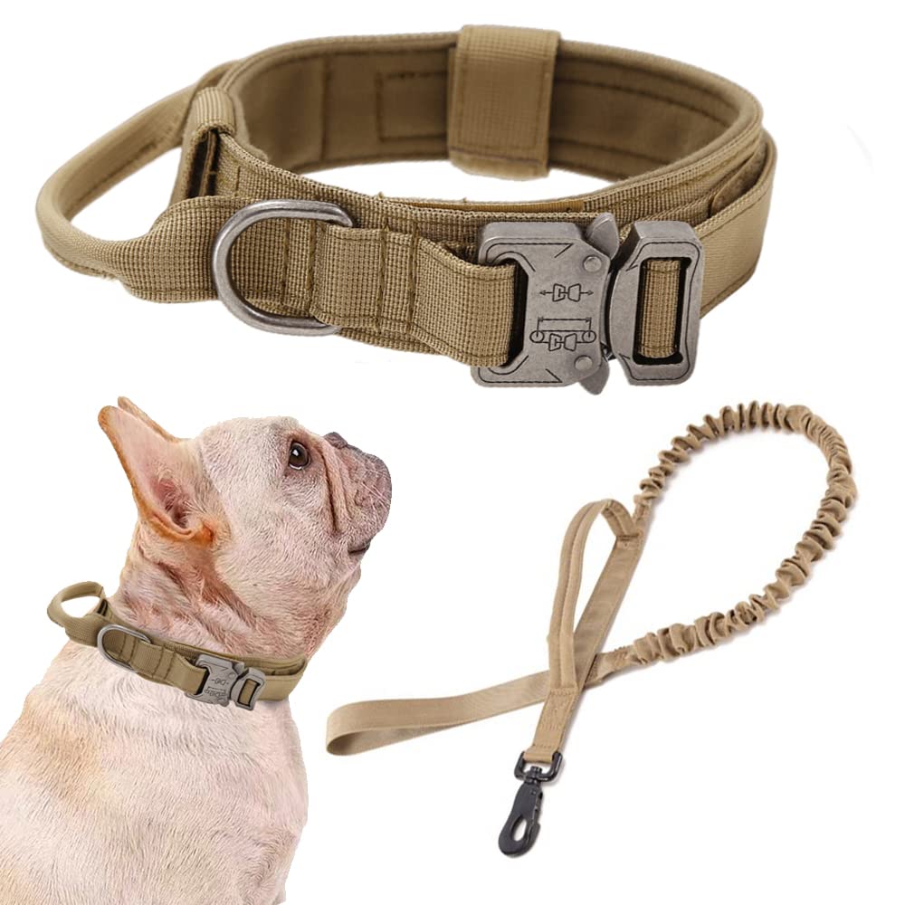Tactical Dog Collar and Leash Set Tactical Dog Collar with Handle Bungee Leash Adjustable Military Training Nylon Collar Dog Training Collar Leash Set with Control Handleand Metal Buckle （Brown S — image 1