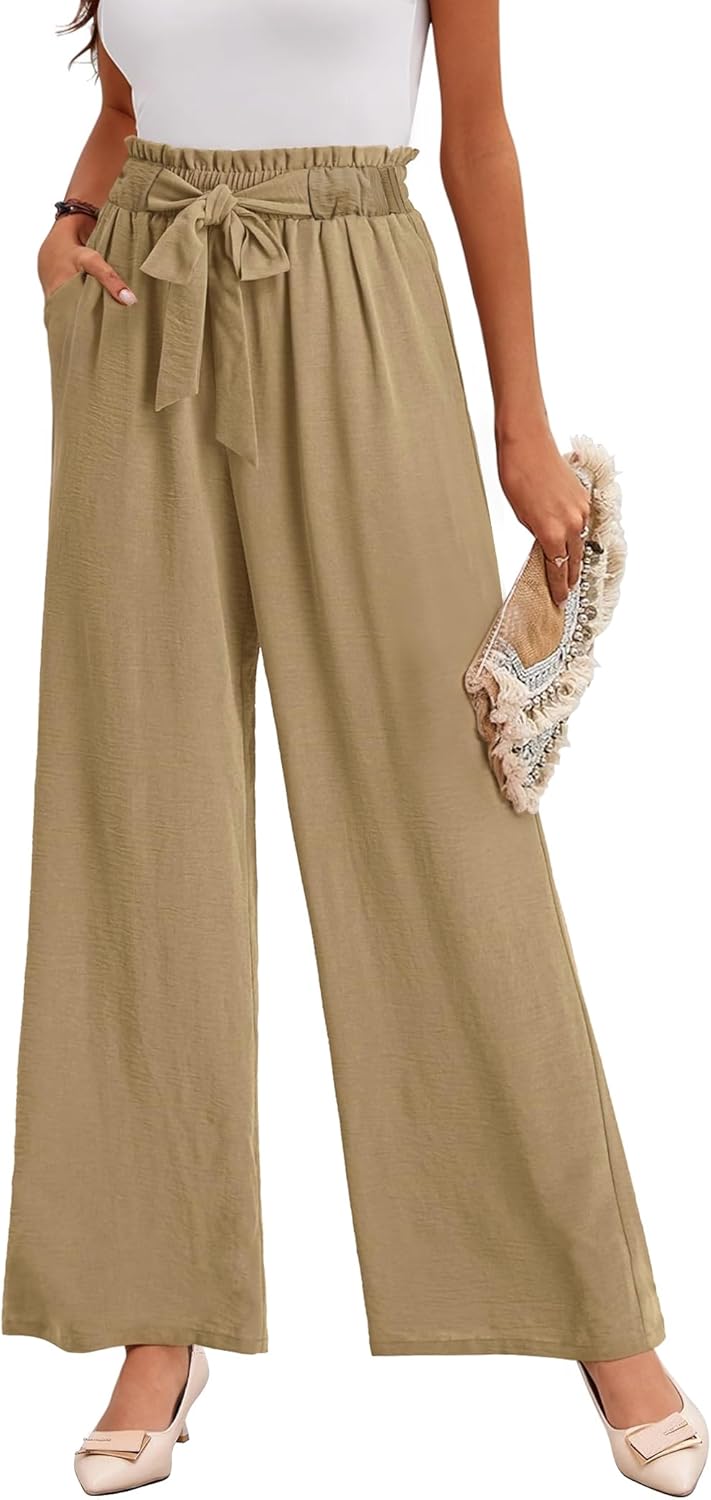 Buauty Wide Leg Palazzo Pants Woman with Pockets High Waist Pant Adjustable Knot Loose Trousers Business Casual Work Pants Khaki