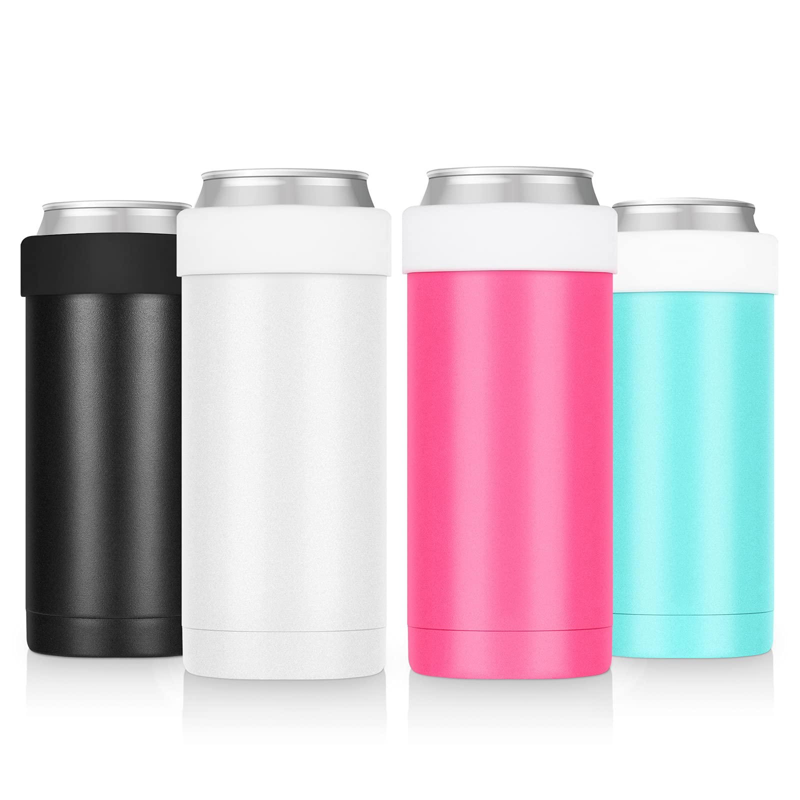 Standard 4 Pack Can Cooler with Straws, Double Wall Stainless Steel Can Cooler for 12Oz Standard Cans, Classic Vacuum Can Cooler Set Drink Cup (Black, White, Blue, Pink)