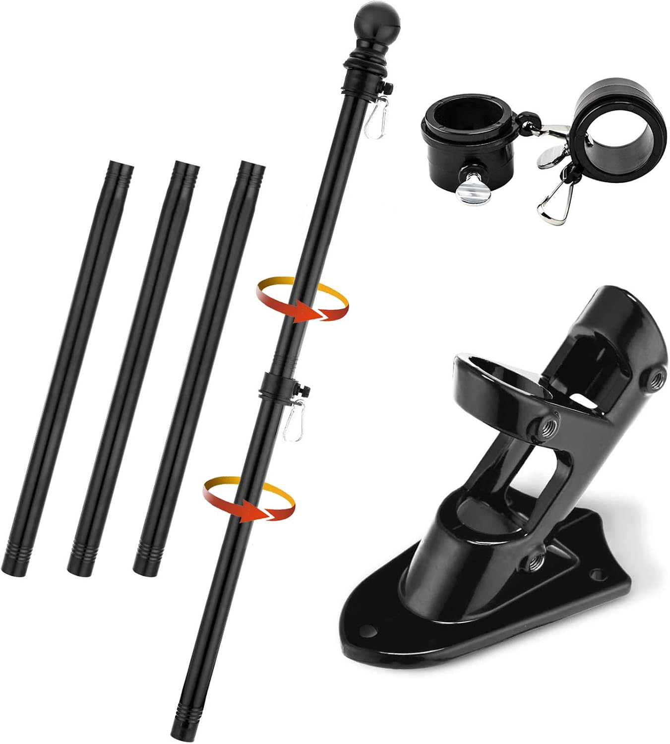Barcetine Flag Pole Kit, 4FT Flag Pole & Bracket Used for House Porch Outdoor, Tangle Free Black Flagpole with Black Flag Pole Holder Wall Mounting Bracket