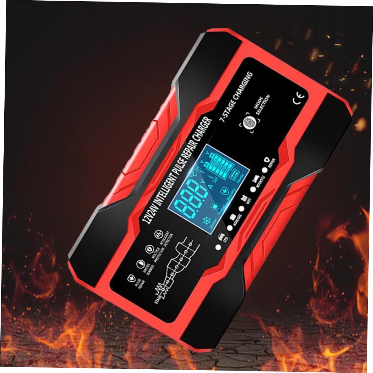 ABOOFAN Chargeur de Batterie Intelligent Écran Digital 12v/24v Fonction Réparation, Protection Courts-Circuits Couleur Rouge pour Voiture et Moto et Usage Extérieur