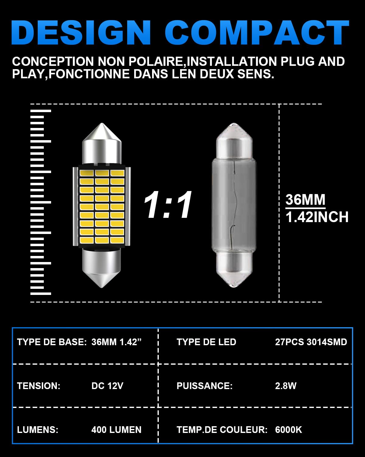 OUSHI Żarówki C5W Festoon LED 36 mm, 1,42 cala, Canbus 12 V, 6000 K, ksenonowe białe super błyszczące 6418, 6461, 6451, oświetlenie wewnętrzne i tablica rejestracyjna bez polaryzacji (zestaw 4 szt.)