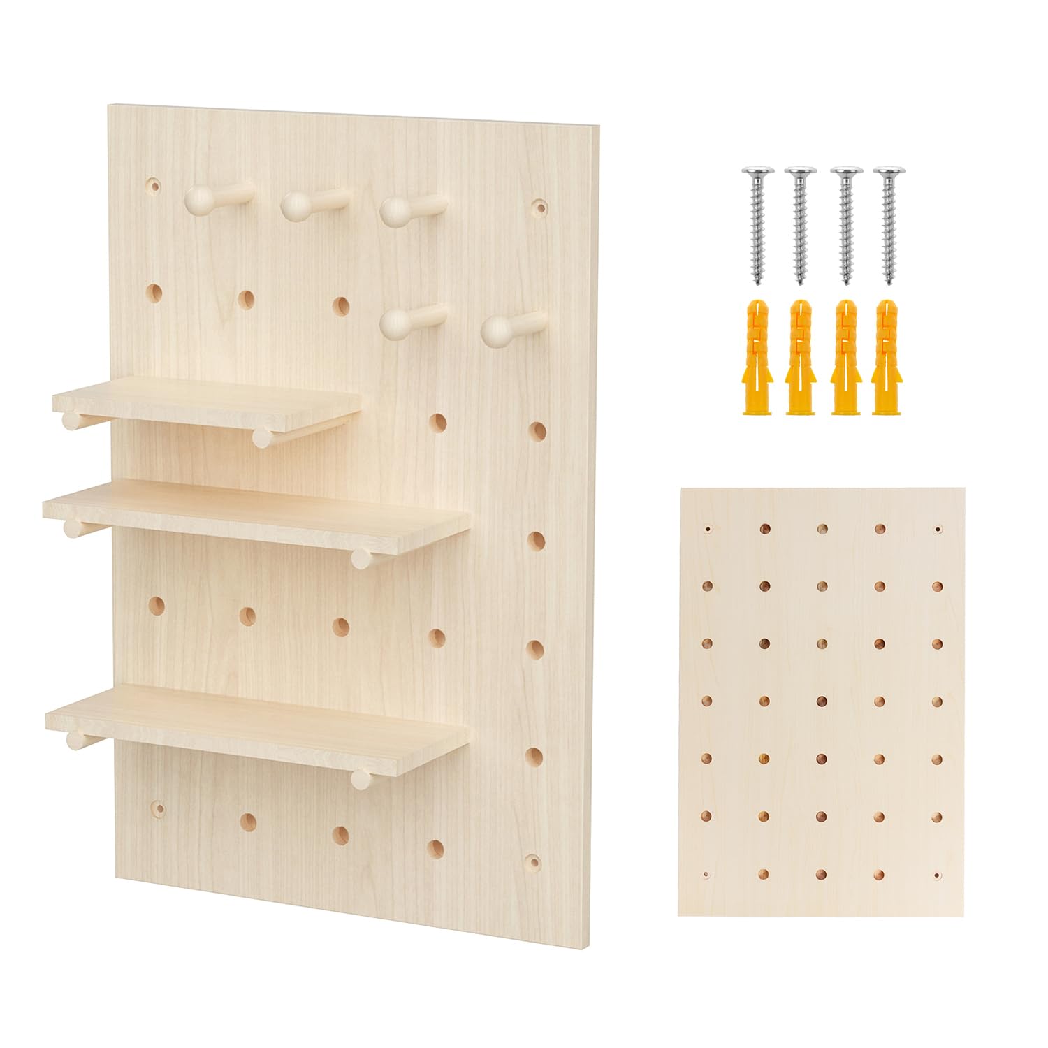 Maclean Panel de pared MC-130 WD en madera clara 40x60 cm con 3 estantes y 5 ganchos, capacidad de carga de 20 kg, resistente montaje en pared para cocina, oficina, taller, almacenamiento decorativo y