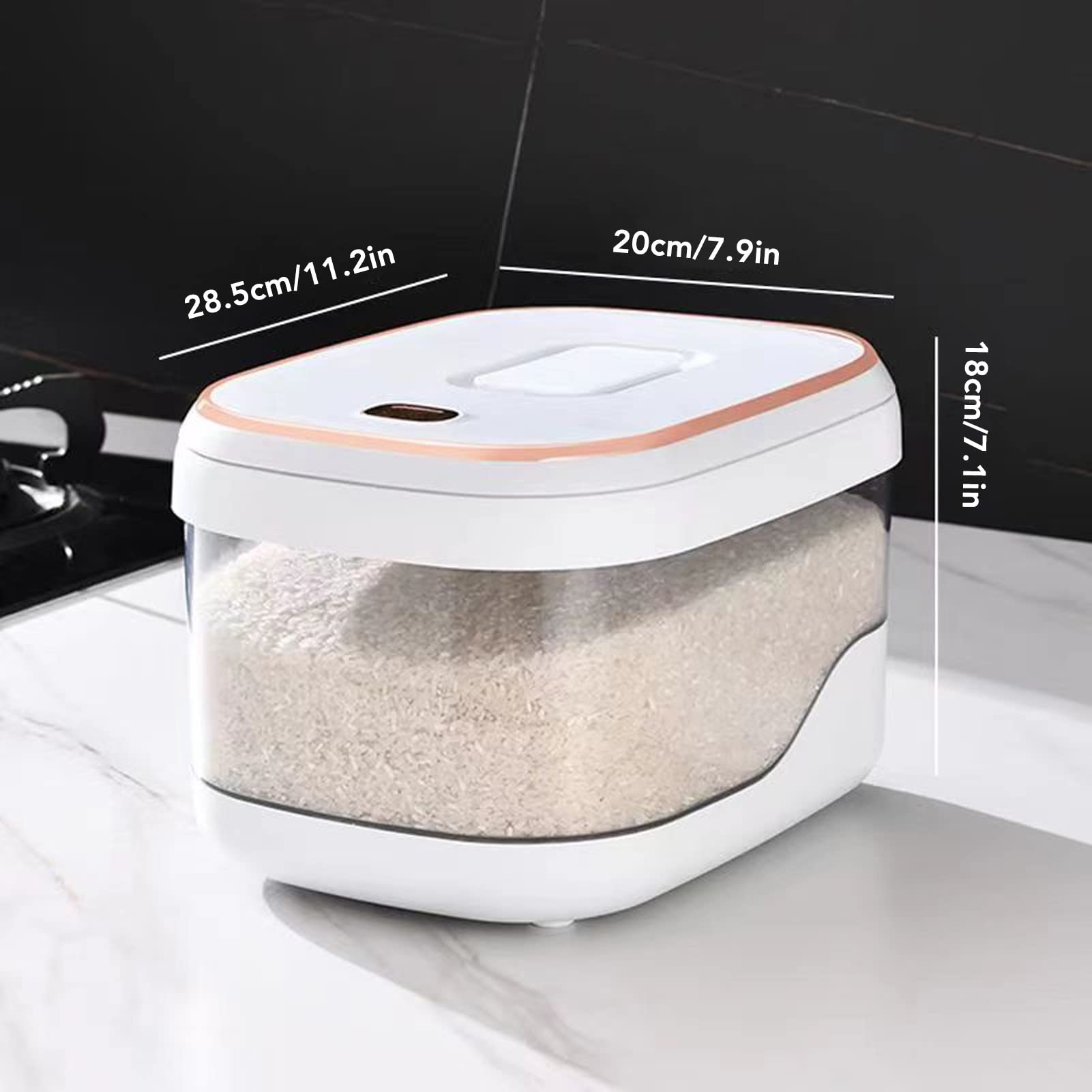 Getreidespender mit Messbecher, 5KG Reisaufbewahrungsbehälter aus PP/PET/ABS, Druckknopf-Design, Großes Fassungsvermögen, für Reis und Getreide