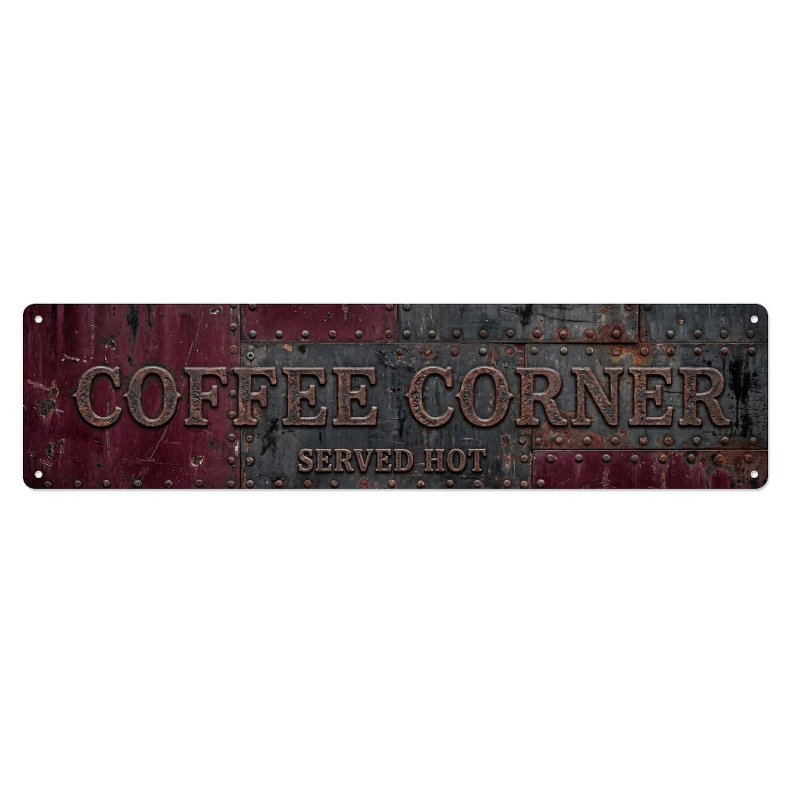 Coffee Corner Burgundy Industrial Metal Tin Sign