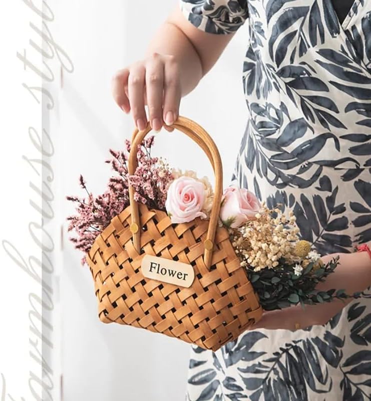 Wood Baskets Woven Hand-Held Wicker Cachepot For Flowers Pot Wicker Baskets Girl Storage Basket with Handle Wedding Home Decor image 5