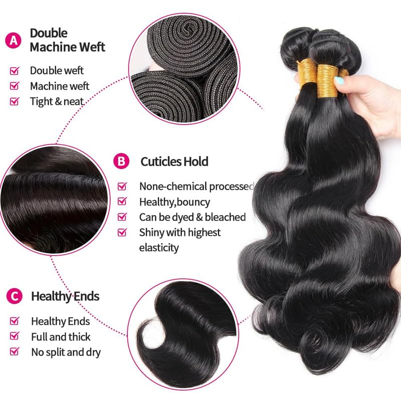 Body Wave Bundles Human Hair 26 28 30 Inch Human Hair Bundle 100% Unprocessed Brazilian Virgin Hair 3 Bundles Human Hair Extensions for Black Women Natural Color