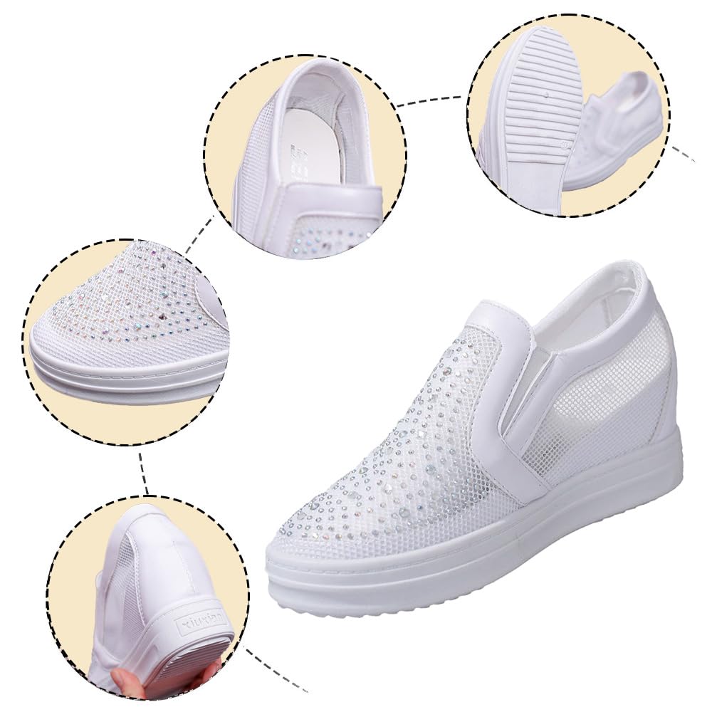Scarpe da ginnastica da donna bianche con strass, design a rete, punta chiusa, zeppe, tacco nascosto, in tela, scarpe da sposa
