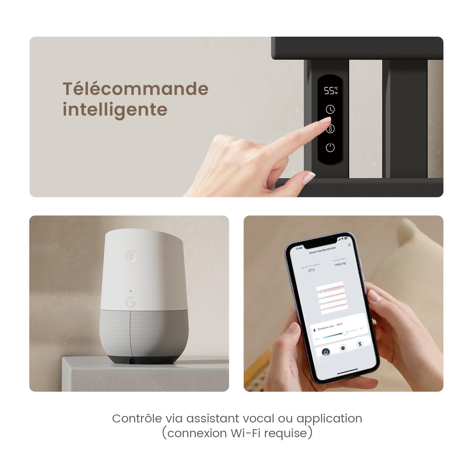 EMKE Sèche-Serviettes Électrique, 850x400mm, 230W, Noir Mat, Côté Gauche | Porte-Serviettes Chauffant,Écran Tactile, Radiateur Sèche-Serviettes Contrôle Wi-FI, Fonction Minuteur