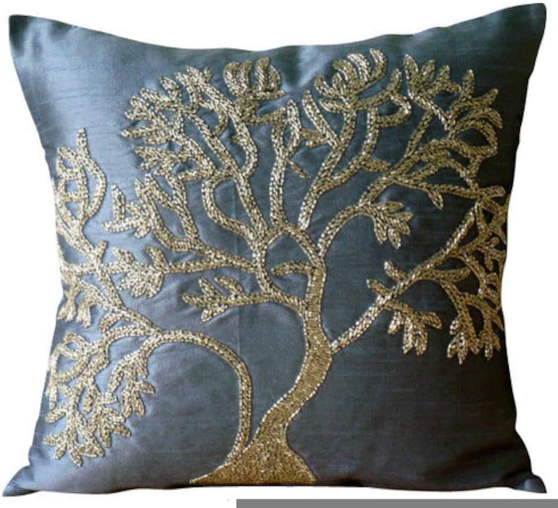 The HomeCentric Throw Pillow Covers, Blue Pillows Cover, Beaded Tree Decorative Pillows Cover, 18x18 inch (45x45 cm) Throw Pillow Covers, Square Silk Pillows Cover, Floral Pillow - Paradise Tree