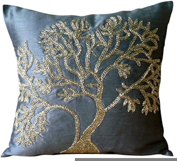 The HomeCentric Throw Pillow Covers Blue Pillows Cover Beaded Tree Decorative Pillows Cover Pack of 2 18x18 inch 45x45 cm Throw Pillow Covers Square Silk Pillows Cover Floral - Paradise Tree