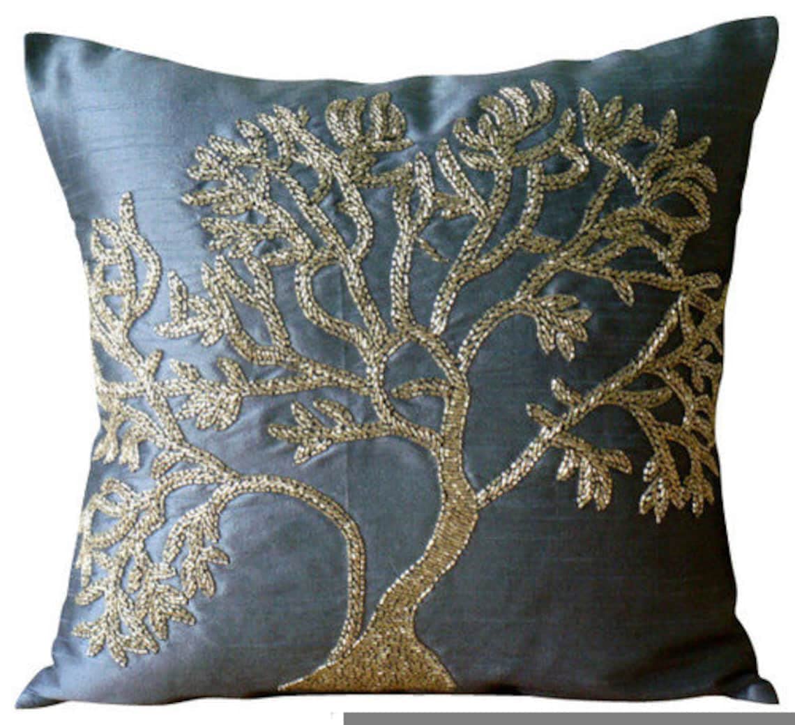 The HomeCentric Blue Cushion Shams, Beaded Tree Cushion Shams, 60x60 cm (24x24 inch) Cushion Shams, Square Silk Cushion Sham, Contemporary Cushion Shams, Floral Pillow Shams - Paradise Tree โ image 1