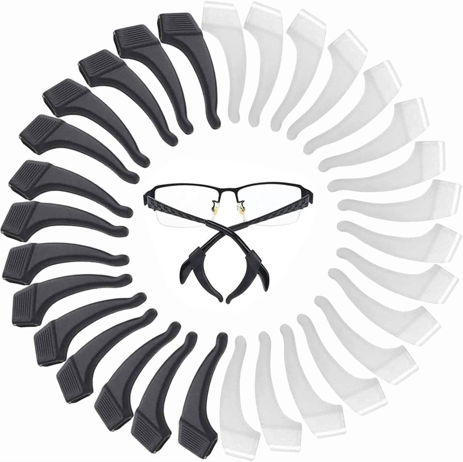 MOLDERP Glasses Ear Grip - 20 pairs Kids and Adults Sport Eyeglass Strap Holder, Eyewear Retainer, Silicone Anti Slip Holder For Glasses, Eyeglass Temple Tip (Clear,Black1)