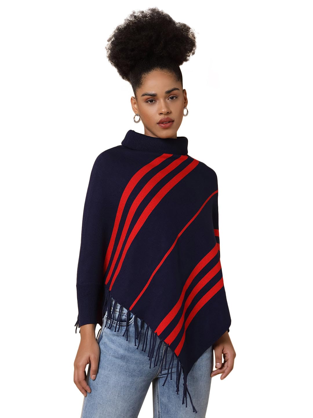 showoffff Women's Striped Navy Blue Longline Poncho -2036_NavyBlue_M-picture-29
