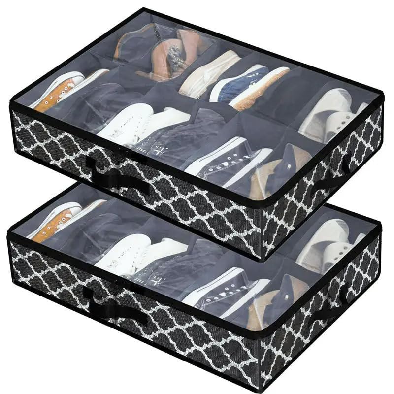 DOUBLE R BAGS Under Bed Shoe Organizer with Zipper | 12 Compartments | Dustproof Space-Saving Storage Box for Sneakers, Heels & Boots | Moracn Black (72x61x13 cm) Pack of 2